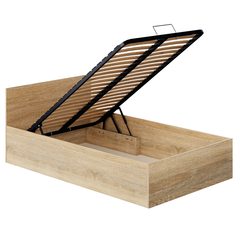 Posteľ s kovovým roštom a úložným priestorom, 120x200, dub sonoma, DOLI