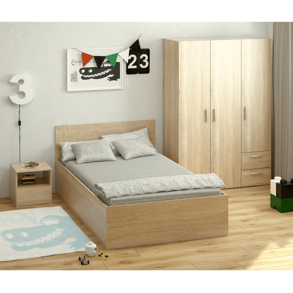 Posteľ s kovovým roštom a úložným priestorom, 120x200, dub sonoma, DOLI