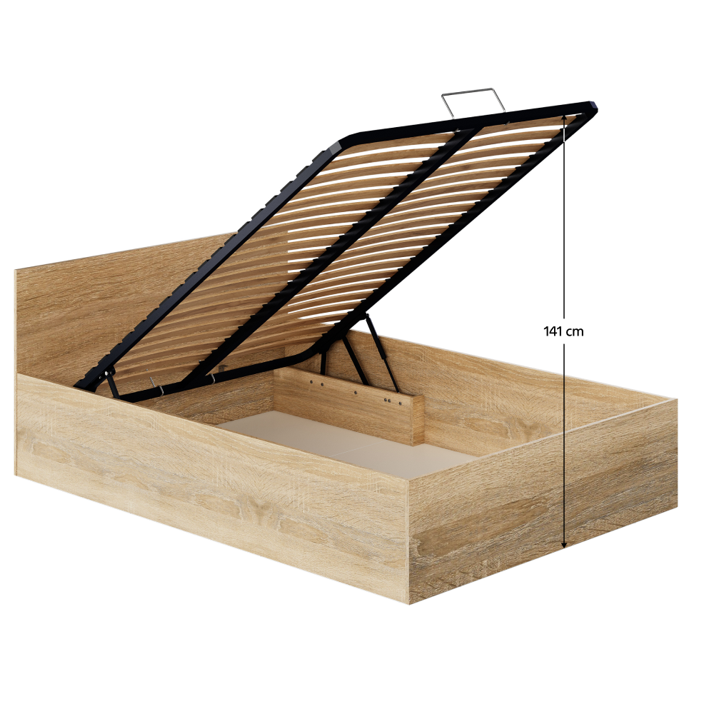 Posteľ s kovovým roštom a úložným priestorom, 140x200, dub sonoma, DOLI