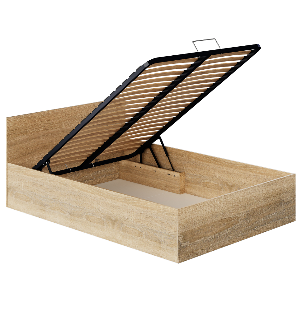 Posteľ s kovovým roštom a úložným priestorom, 140x200, dub sonoma, DOLI