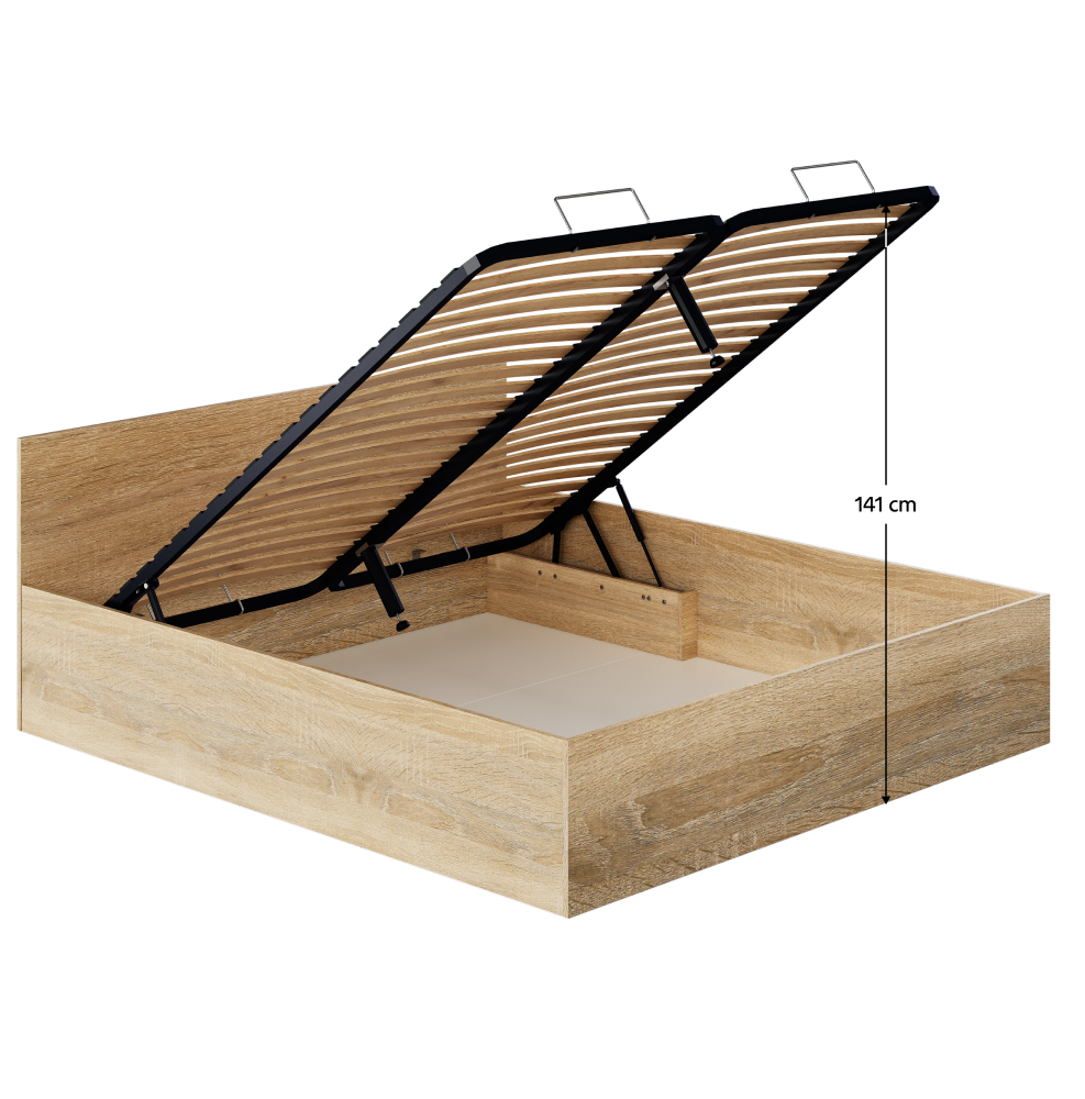 Posteľ s kovovým roštom a úložným priestorom, 180x200, dub sonoma, DOLI
