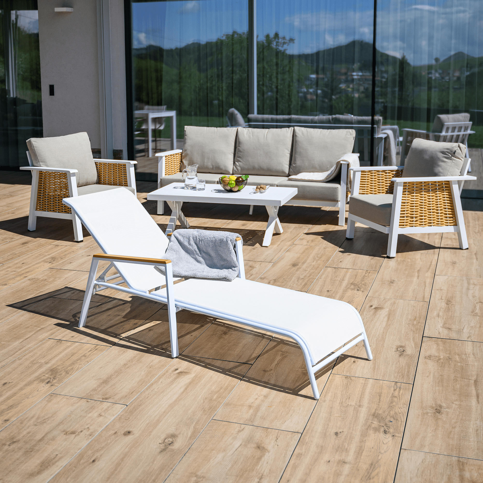 Kerti nyugágy, fehér acél/tölgy, BONTO