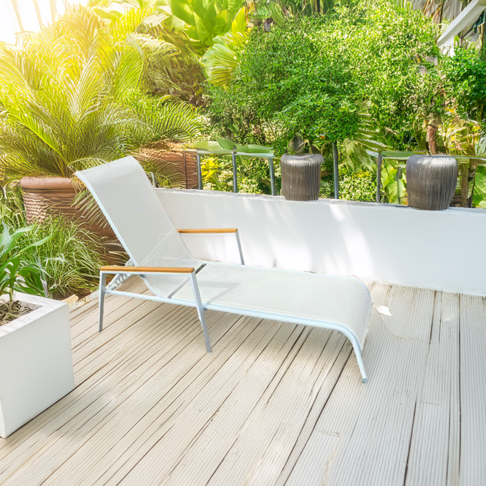 Záhradné ležadlo, biela oceľ/dub, BONTO