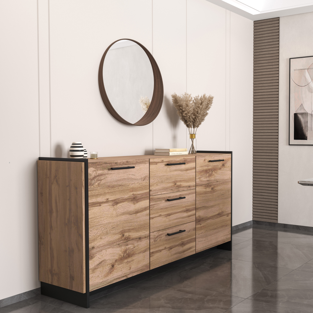 Komoda, dub wotan/čierna, AMONI 2D3S