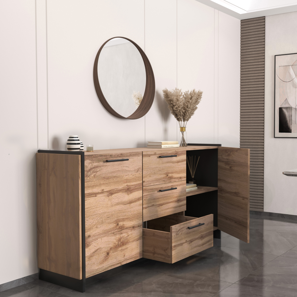 Komoda, dub wotan/čierna, AMONI 2D3S