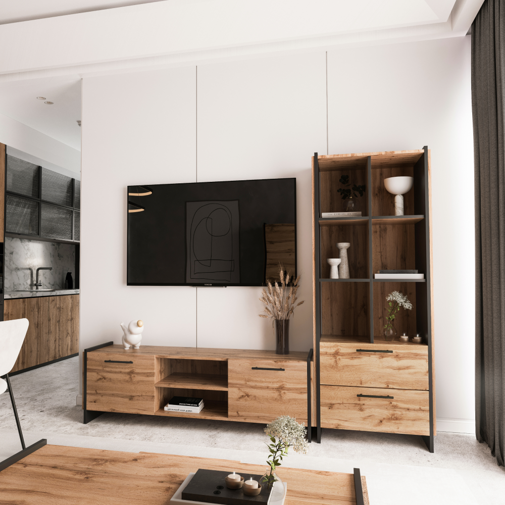TV stolík, dub wotan/čierna, AMONI 2D