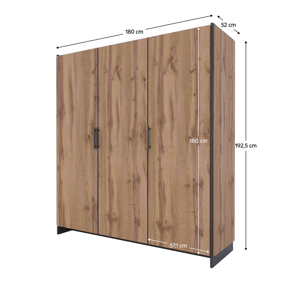 Skriňa, trojdverová, dub wotan/čierna, AMONI 3D