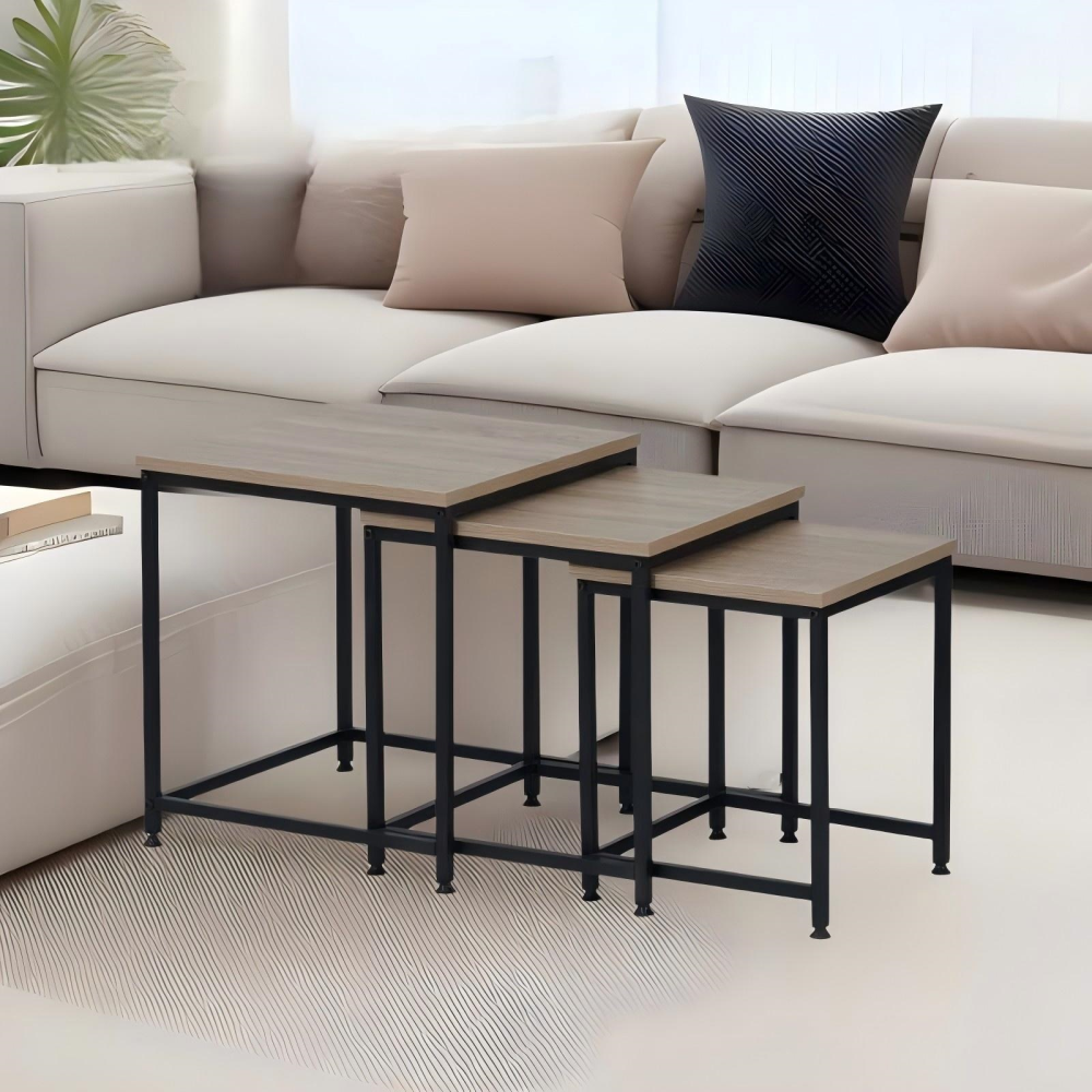 Dohányzóasztalok, set 3 ks, sonoma tölgy/fekete, KASTLER 2 NEW TYP 3