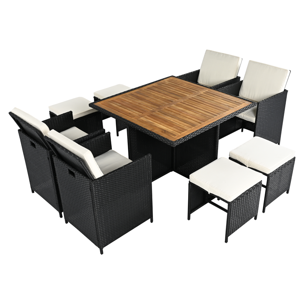 Záhradný ratanový set, akáciové drevo, čierna/krémová/prírodná, MELFORD