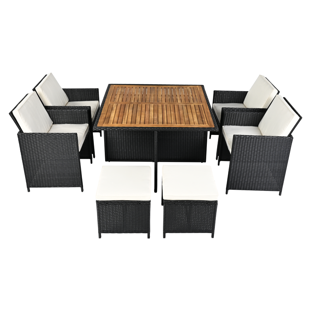 Záhradný ratanový set, akáciové drevo, čierna/krémová/prírodná, MELFORD