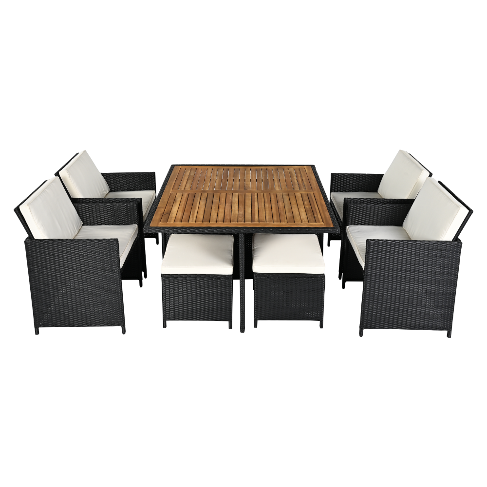 Záhradný ratanový set, akáciové drevo, čierna/krémová/prírodná, MELFORD