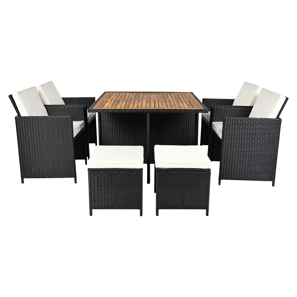 Záhradný ratanový set, akáciové drevo, čierna/krémová/prírodná, MELFORD