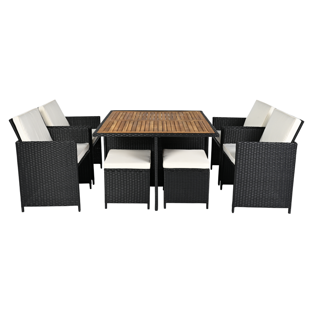 Záhradný ratanový set, akáciové drevo, čierna/krémová/prírodná, MELFORD