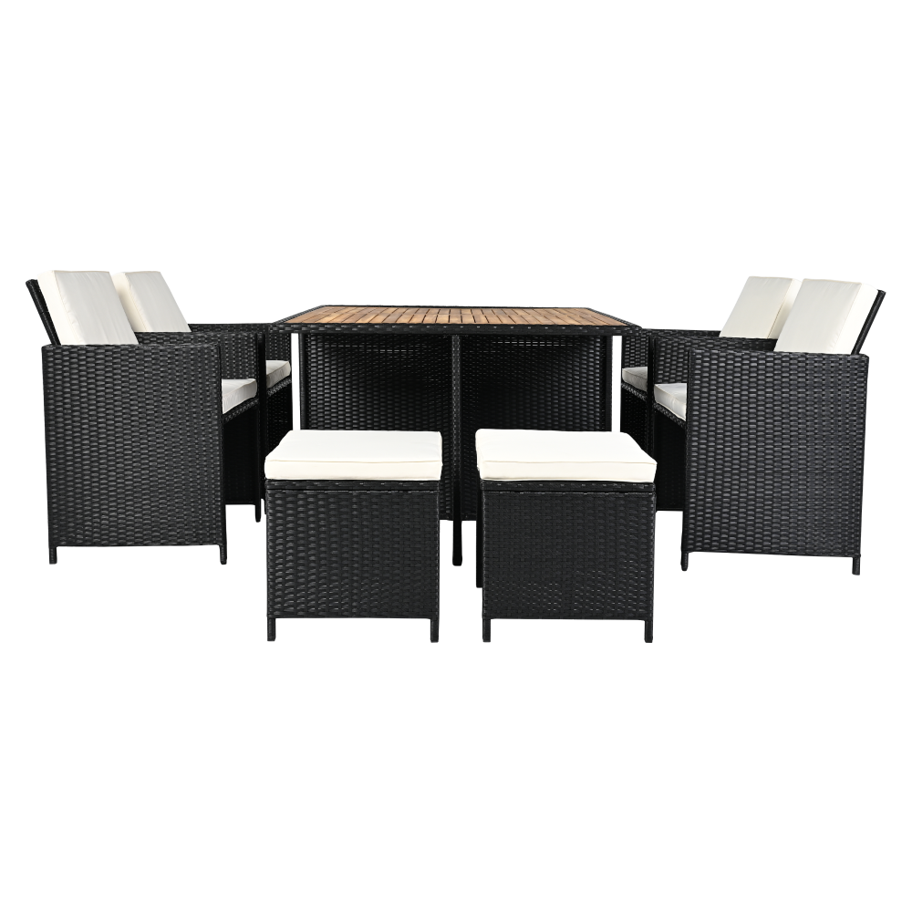 Záhradný ratanový set, akáciové drevo, čierna/krémová/prírodná, MELFORD