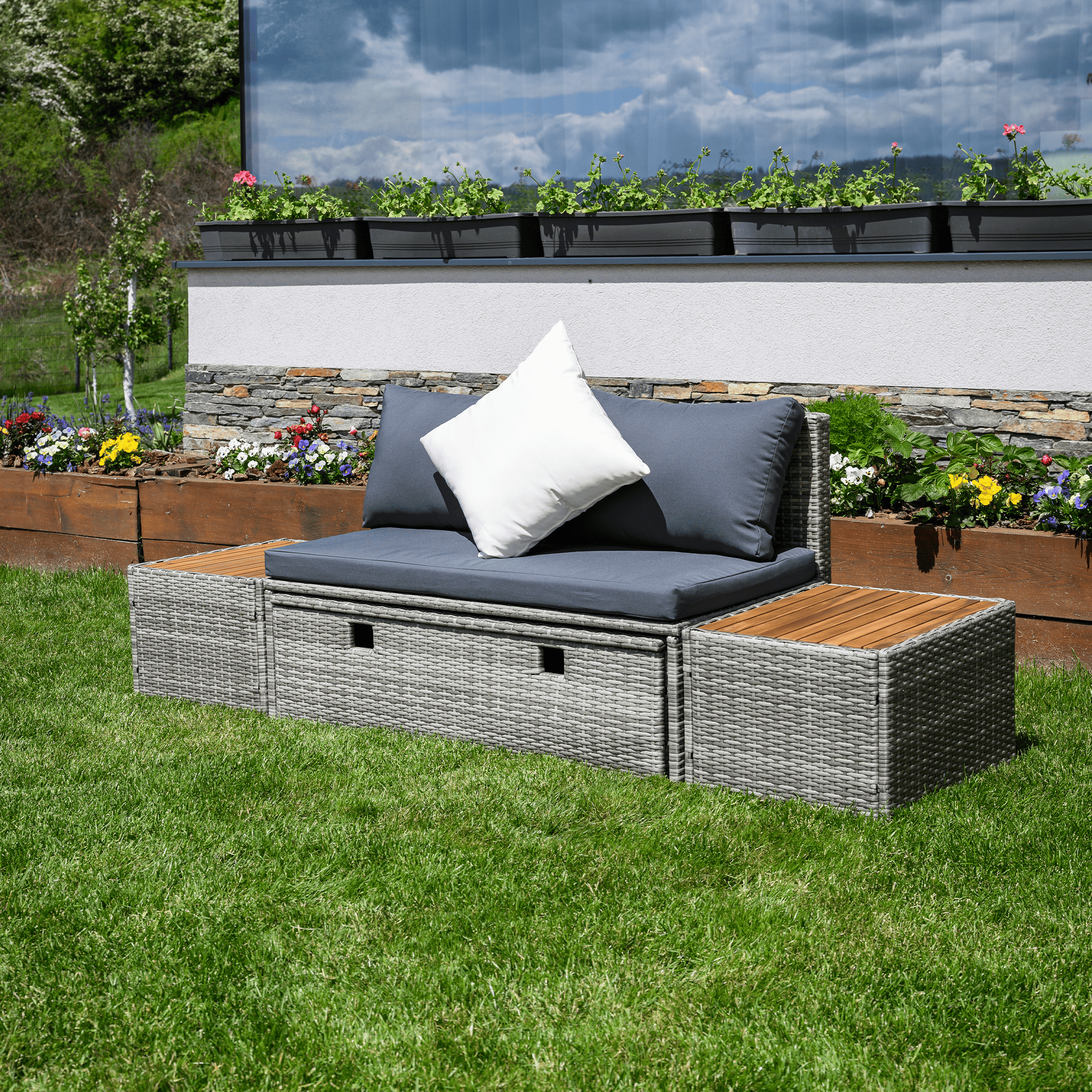 Kerti rattan szett, szürke/természetes/krémszínű, DEBRA