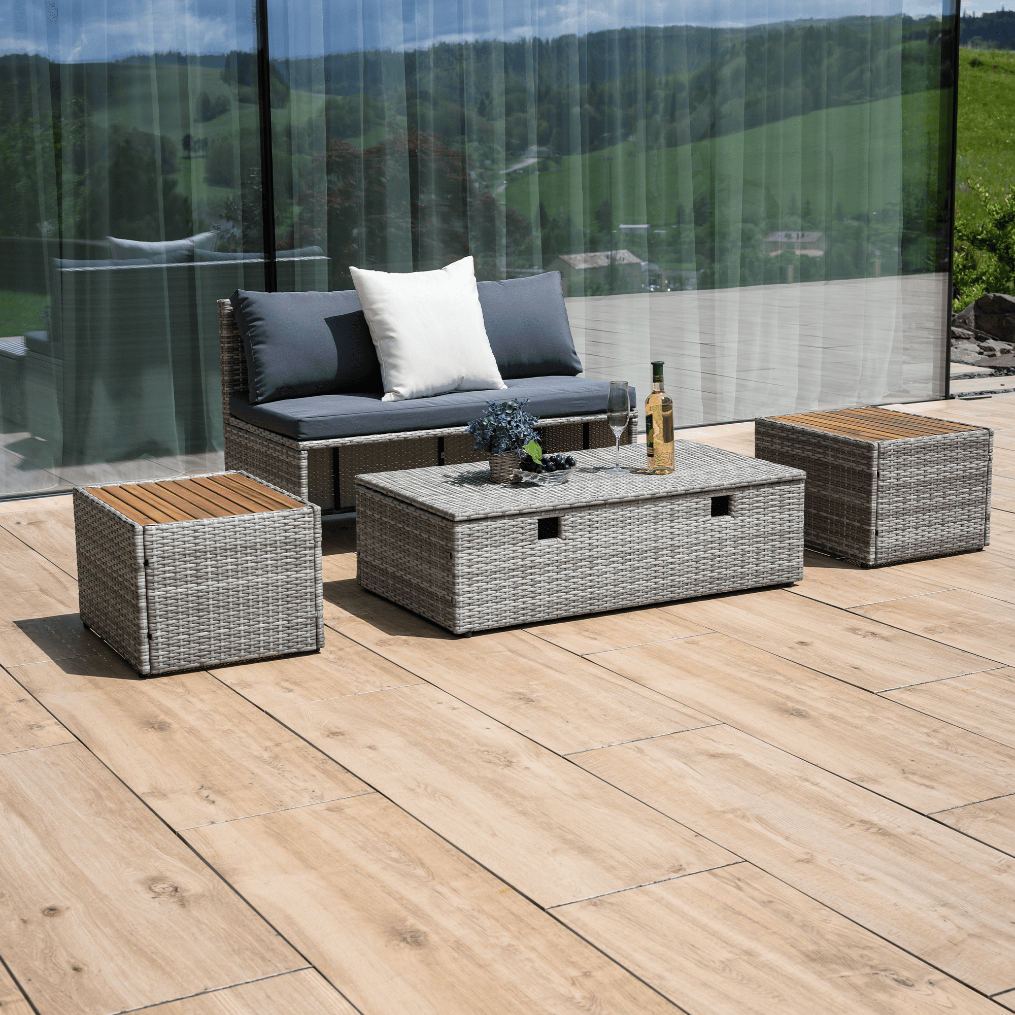 Kerti rattan szett, szürke/természetes/krémszínű, DEBRA