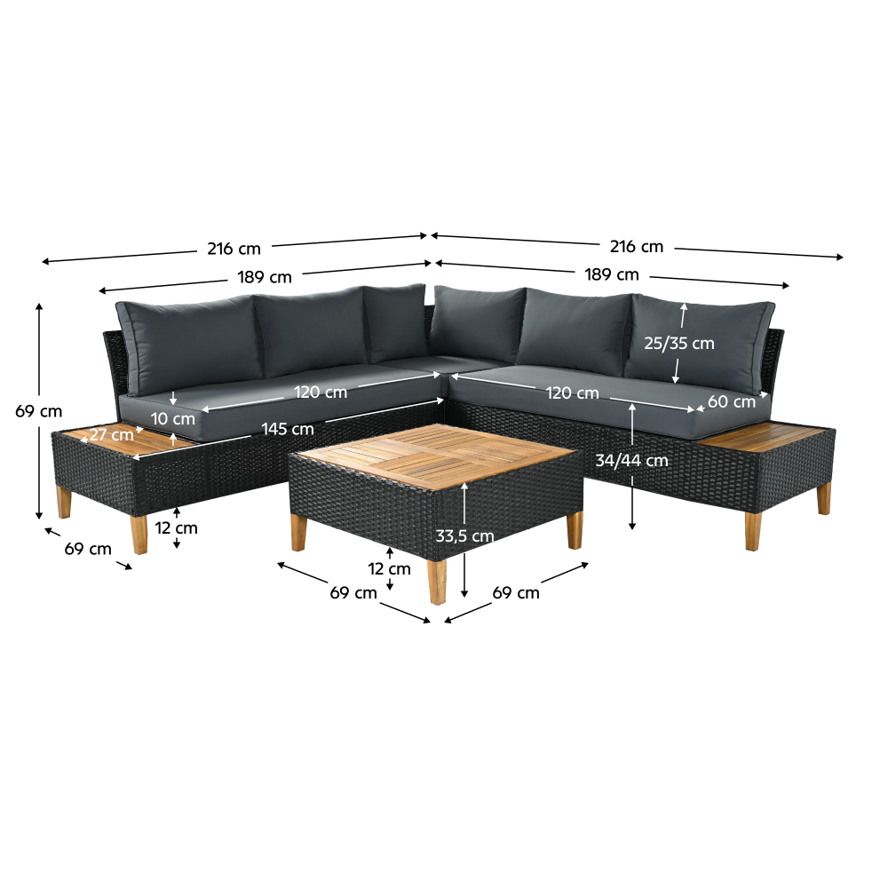 Záhradný ratanový set, akáciové drevo, čierna/sivá/prírodná, MALKOM