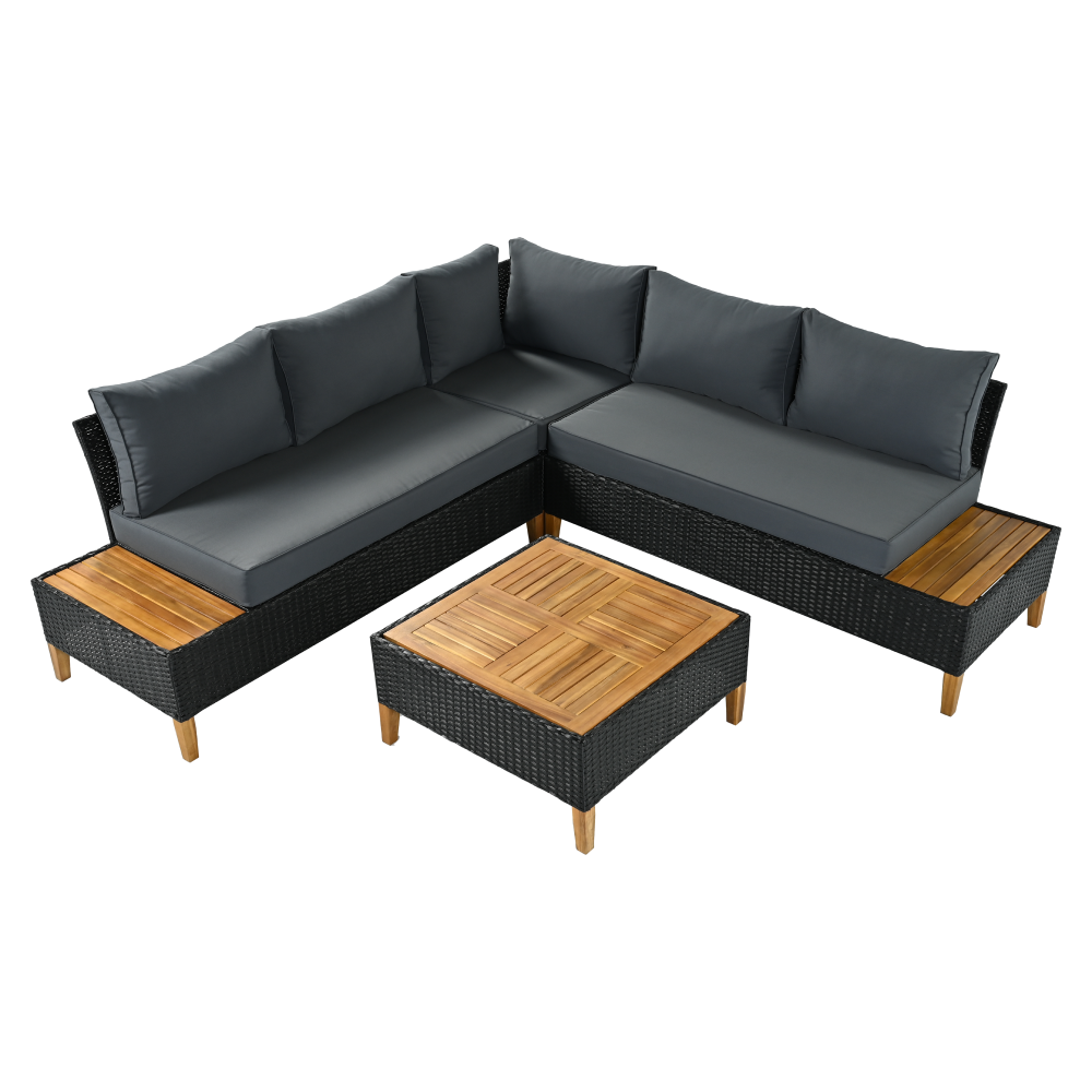 Záhradný ratanový set, akáciové drevo, čierna/sivá/prírodná, MALKOM