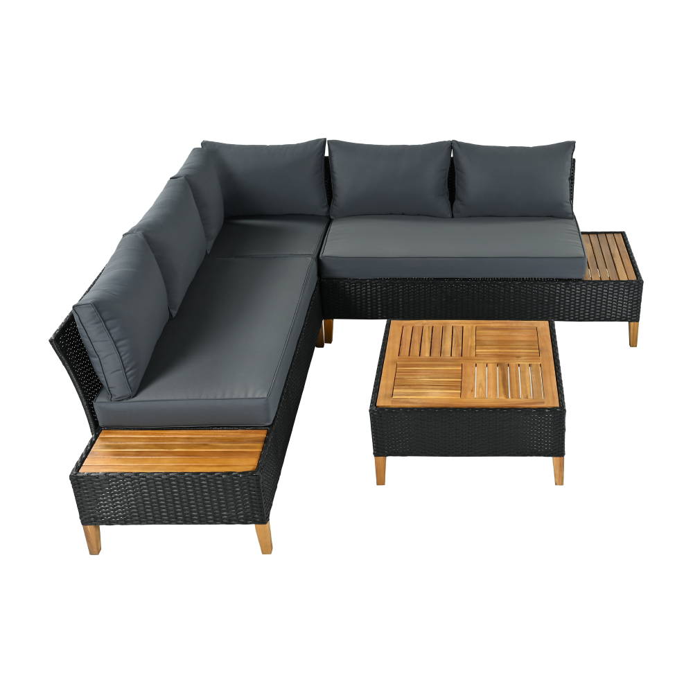 Záhradný ratanový set, akáciové drevo, čierna/sivá/prírodná, MALKOM