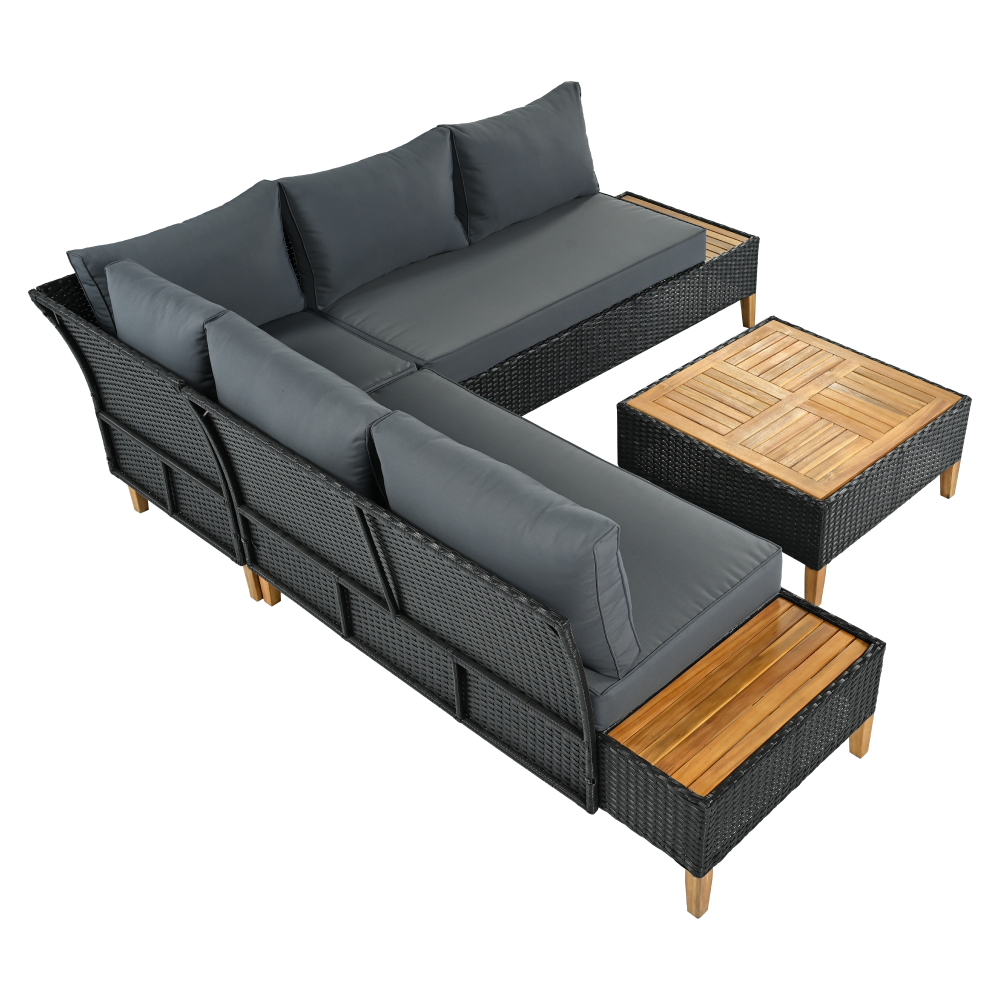 Záhradný ratanový set, akáciové drevo, čierna/sivá/prírodná, MALKOM