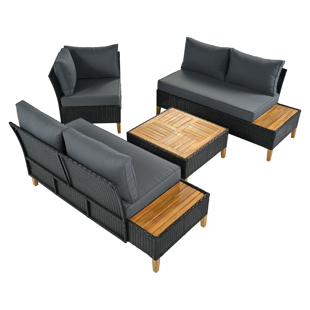 Záhradný ratanový set, akáciové drevo, čierna/sivá/prírodná, MALKOM