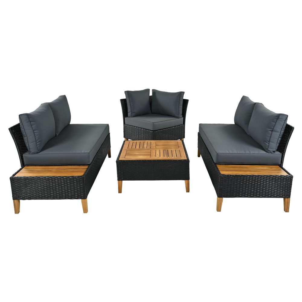 Záhradný ratanový set, akáciové drevo, čierna/sivá/prírodná, MALKOM