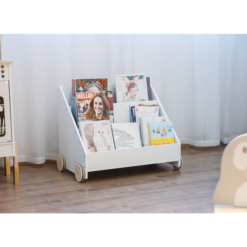 Gyerek könyvespolc kerekekkel, fehér, BERUS