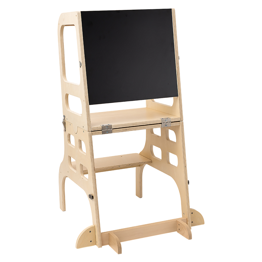 Montessori učiaca veža 3v1 s tabuľou, prírodná, MAGAN