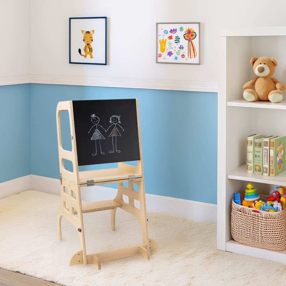 Montessori učiaca veža 3v1 s tabuľou, prírodná, MAGAN