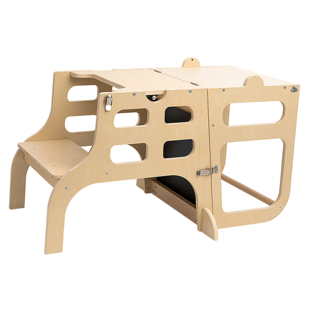 Montessori učiaca veža 3v1 s tabuľou, prírodná, MAGAN