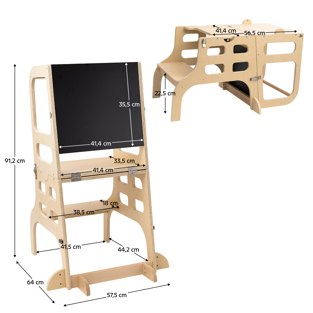 Montessori učiaca veža 3v1 s tabuľou, prírodná, MAGAN