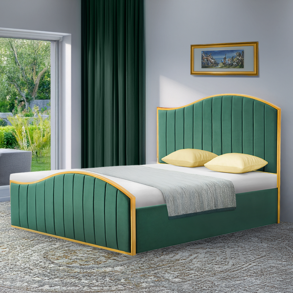 Posteľ s roštom, 180x200, zelená Velvet látka/gold chróm zlatá, GEORGIA