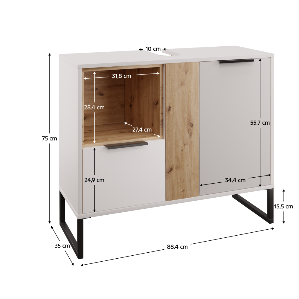 Szekrény mosdó alá, fehér/artisan tölgy, CUBO CUB03