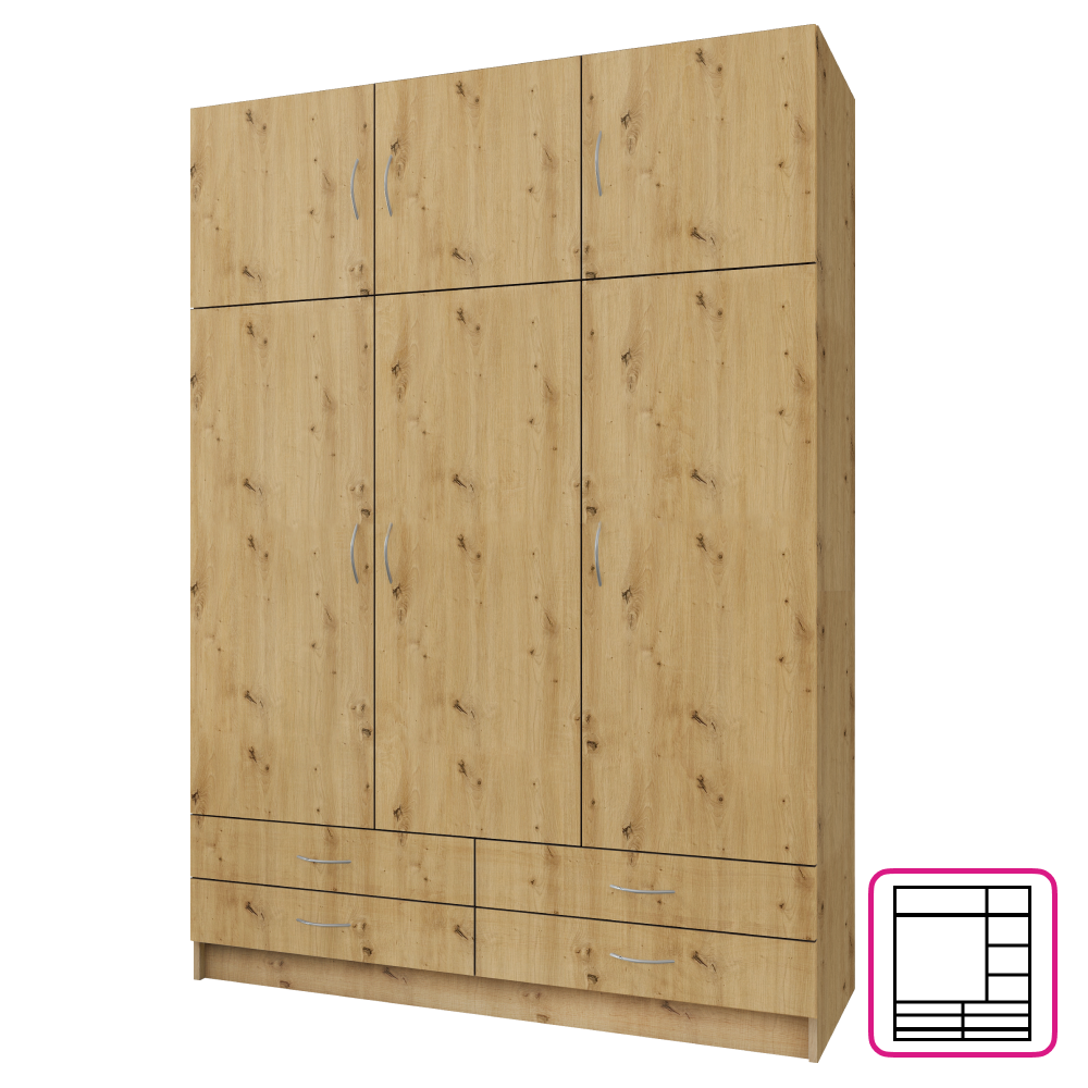 Šatníková skriňa, trojdverová, dub artisan, GERI NEW