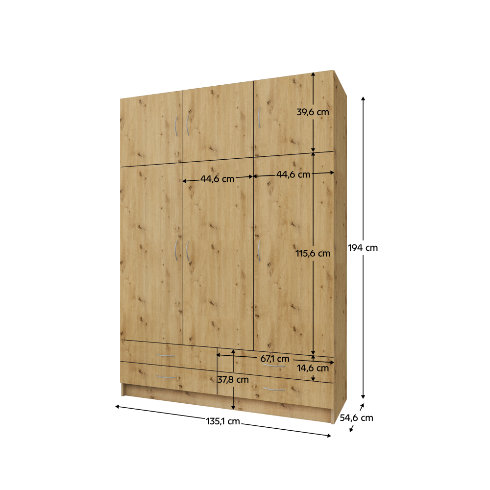 Šatníková skriňa, trojdverová, dub artisan, GERI NEW