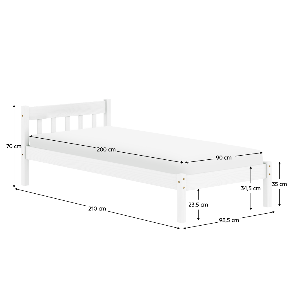 Ágy ráccsal, fehér, fenyőfa, 90x200, MAVIL