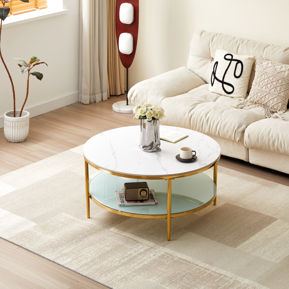 Konferenčný stolík, svetlý mramor/mliečna/gold chróm-zlatý, ENION 2 NEW