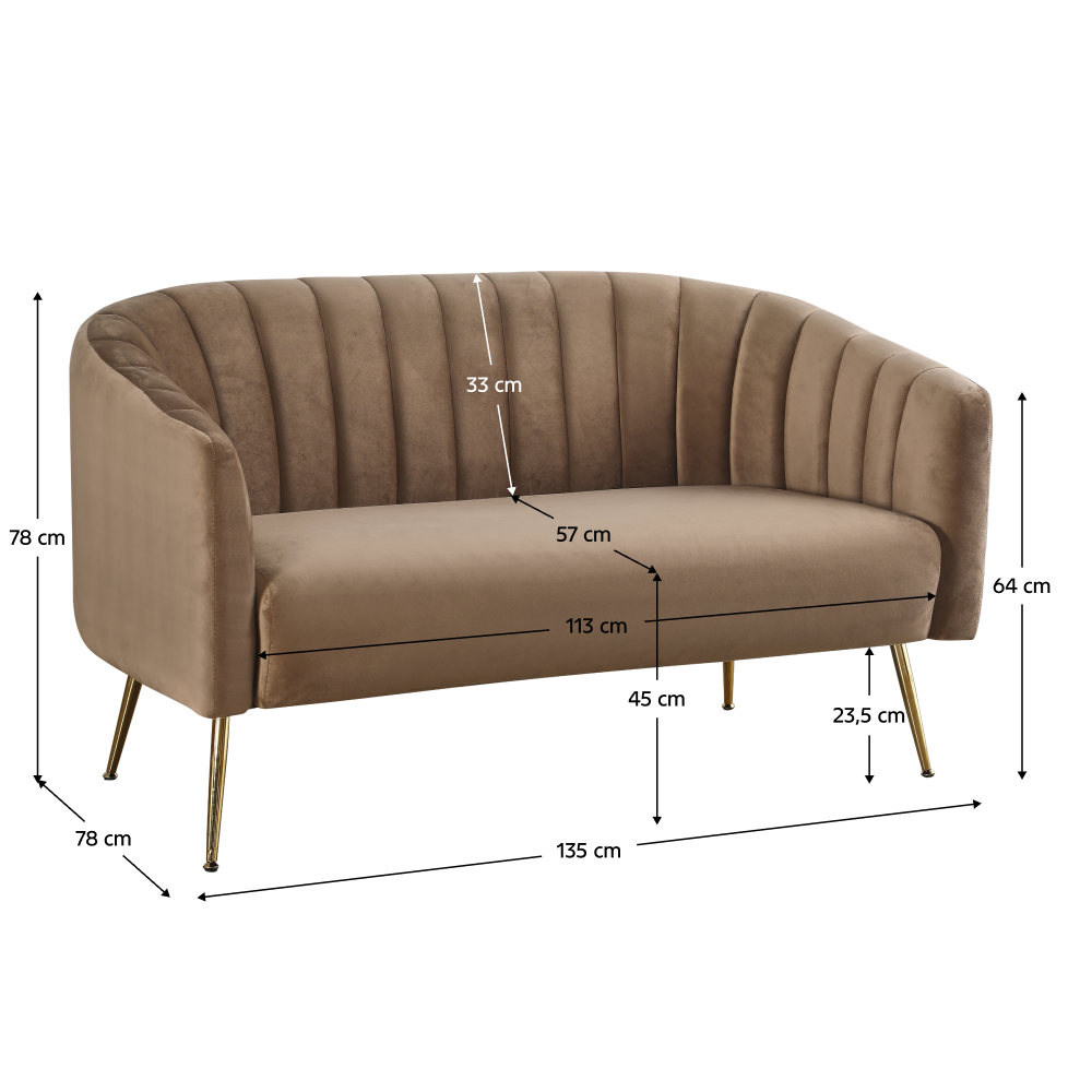 Design kétszemélyes kanapé, barna Velvet szövet/gold króm-arany, BAGY