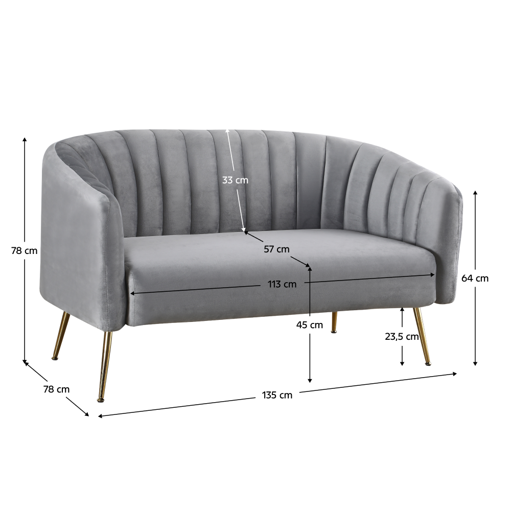 Design kétszemélyes kanapé, szürke Velvet szövet/gold króm-arany, BAGY