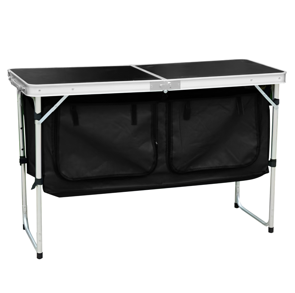 Összecsukható kempingasztal rendszerezővel, 120 cm, alumínium/MDF, KEPI TYP 3