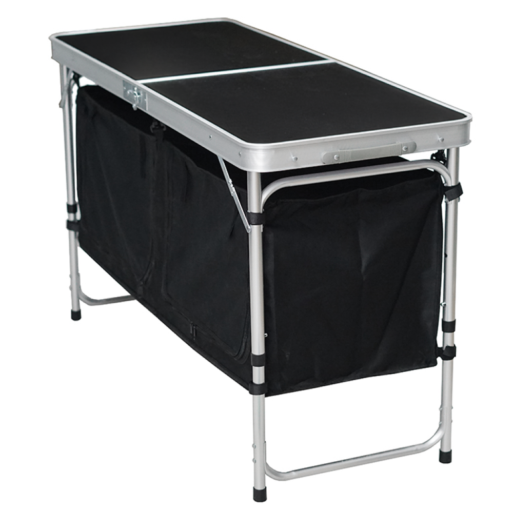 Összecsukható kempingasztal rendszerezővel, 120 cm, alumínium/MDF, KEPI TYP 3