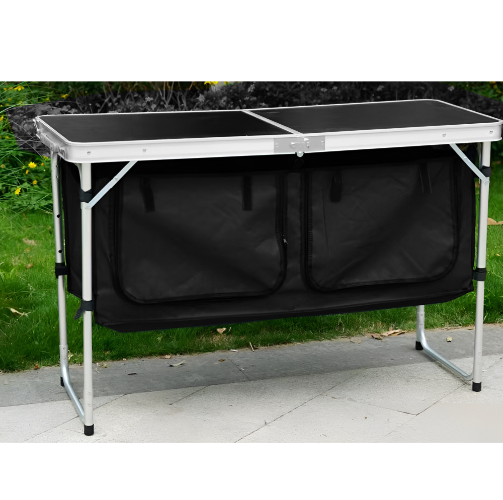 Összecsukható kempingasztal rendszerezővel, 120 cm, alumínium/MDF, KEPI TYP 3