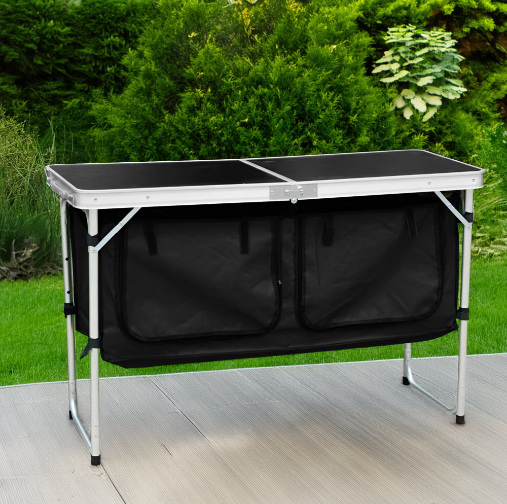 Összecsukható kempingasztal rendszerezővel, 120 cm, alumínium/MDF, KEPI TYP 3