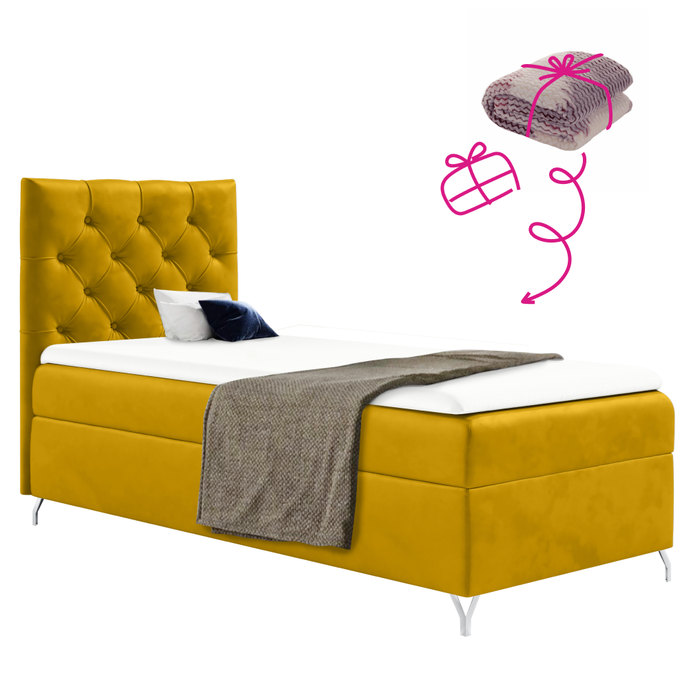 Boxspring ágy, 90x200, sárga Velvet szövet, balos, GULIETTE + ajándék