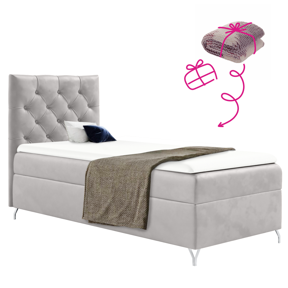 Boxspring ágy, 90x200, világosszürke Velvet szövet, balos, GULIETTE + ajándék