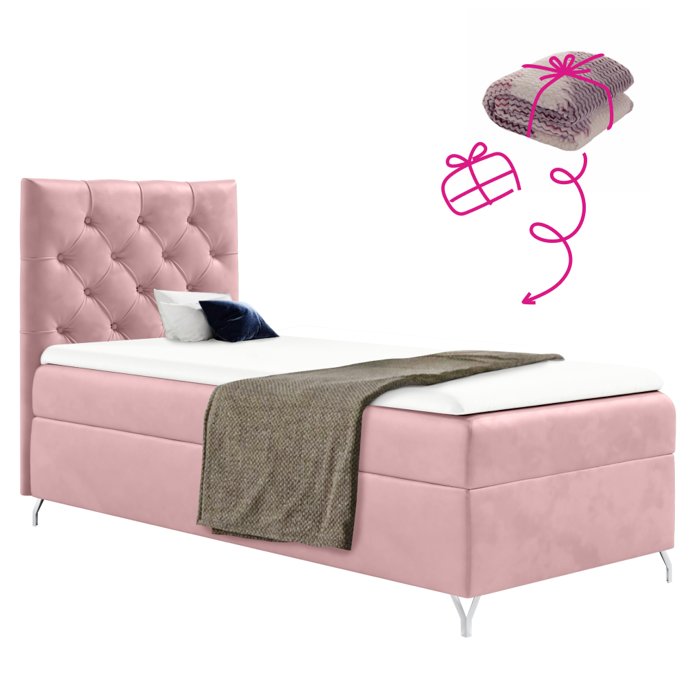 Boxspring ágy, 90x200, rózsaszín Velvet szövet, balos, GULIETTE + ajándék