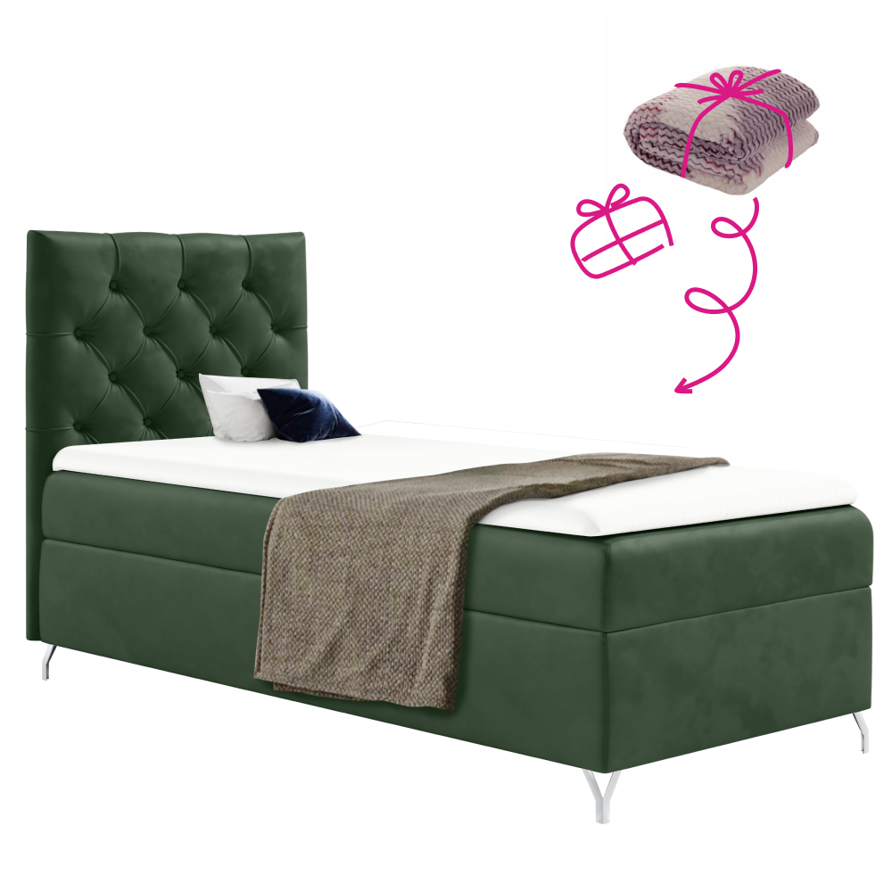 Boxspring ágy, 90x200, zöld Velvet szövet, balos, GULIETTE + ajándék