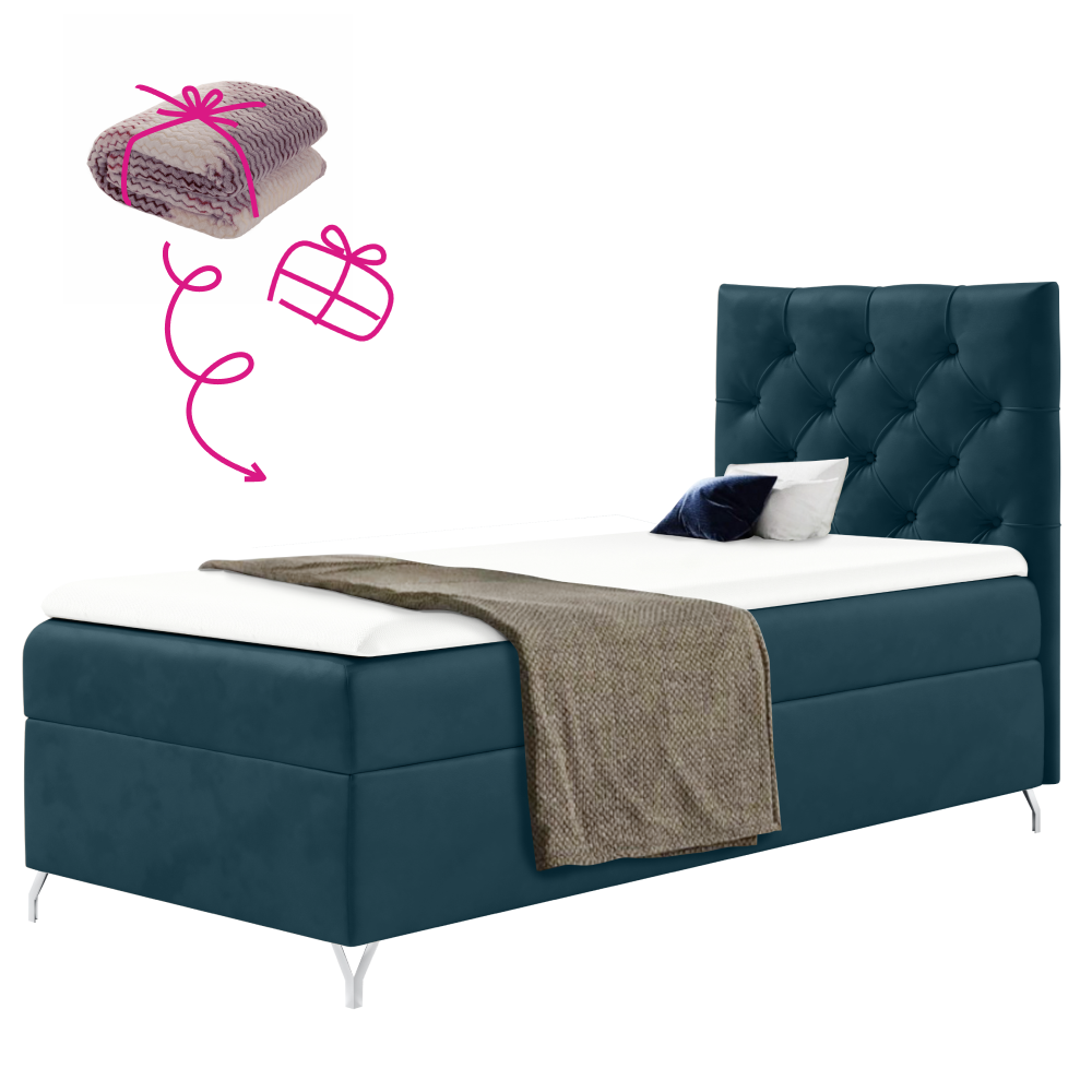 Boxspring ágy, 90x200, sötétkék Velvet szövet, jobbos, GULIETTE + ajándék