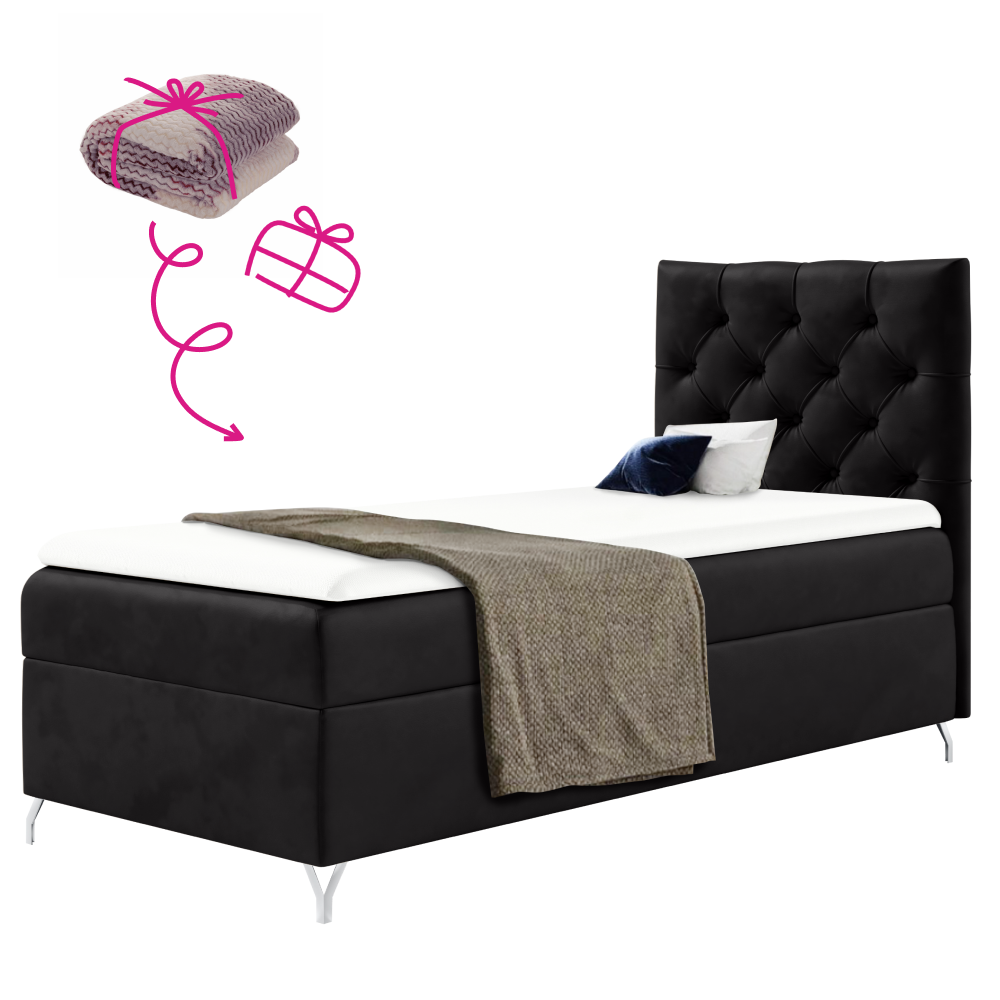 Boxspring ágy, 90x200, fekete Velvet szövet, jobbos, GULIETTE + ajándék