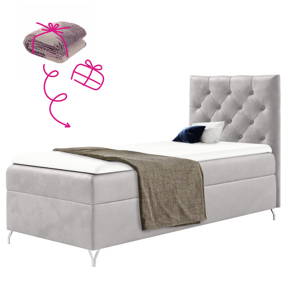 Boxspring ágy, 90x200, világosszürke Velvet szövet, jobbos, GULIETTE + ajándék